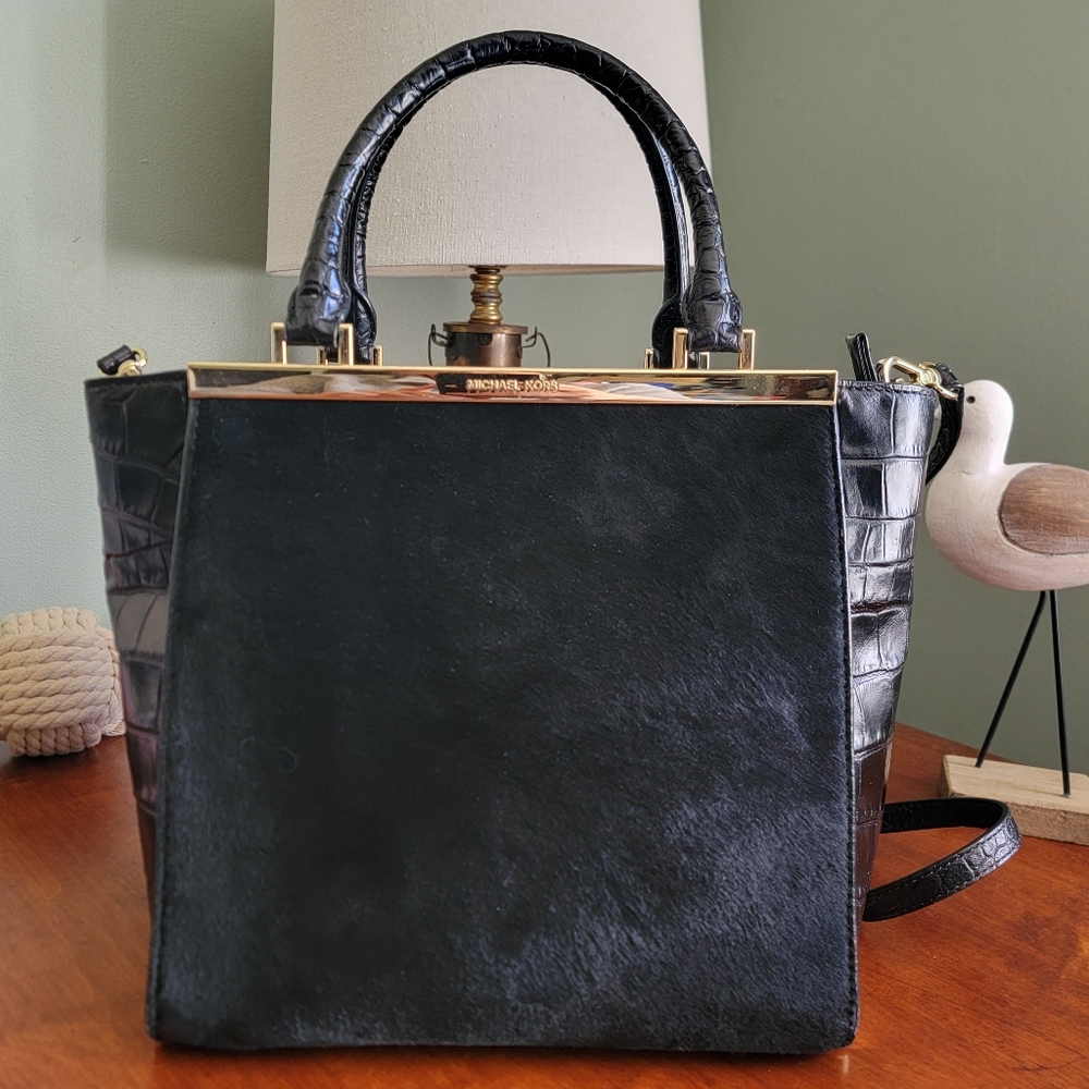 Michael Kors Black Calf Hair Croc Embossed Leather Top Handle Frame Satchel Bag